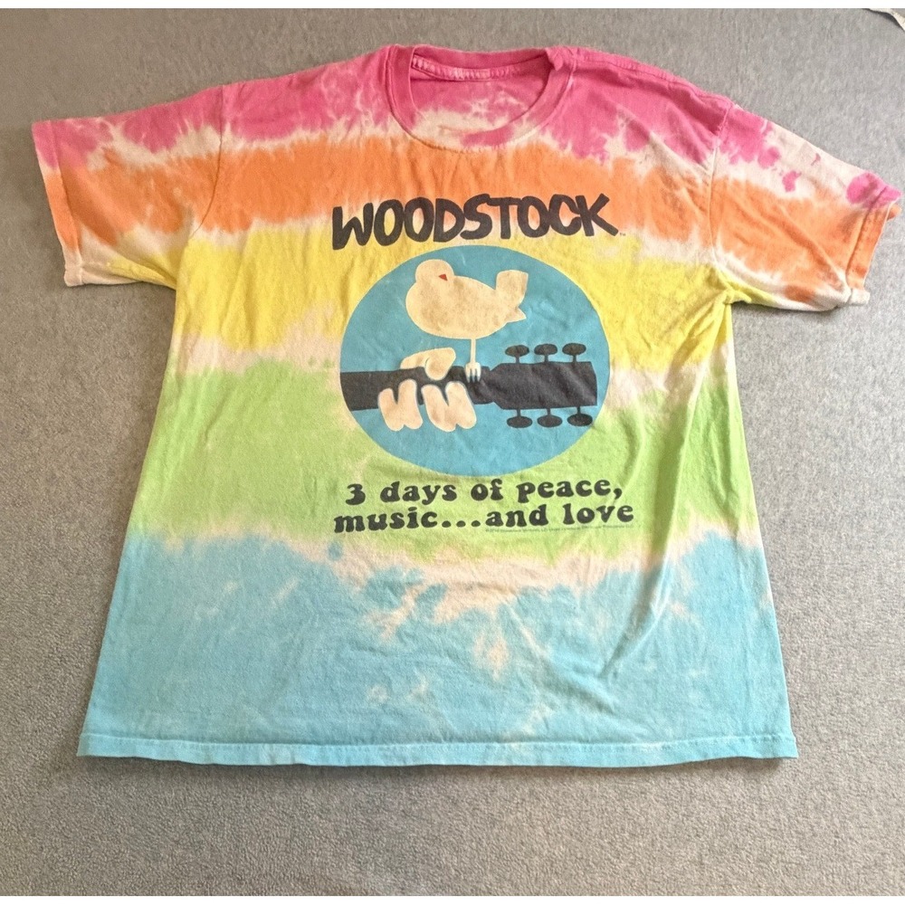 Woodstock 3 Days of Peace Music Love Tie Dye T-Shirt Rainbow Graphic Tee Large